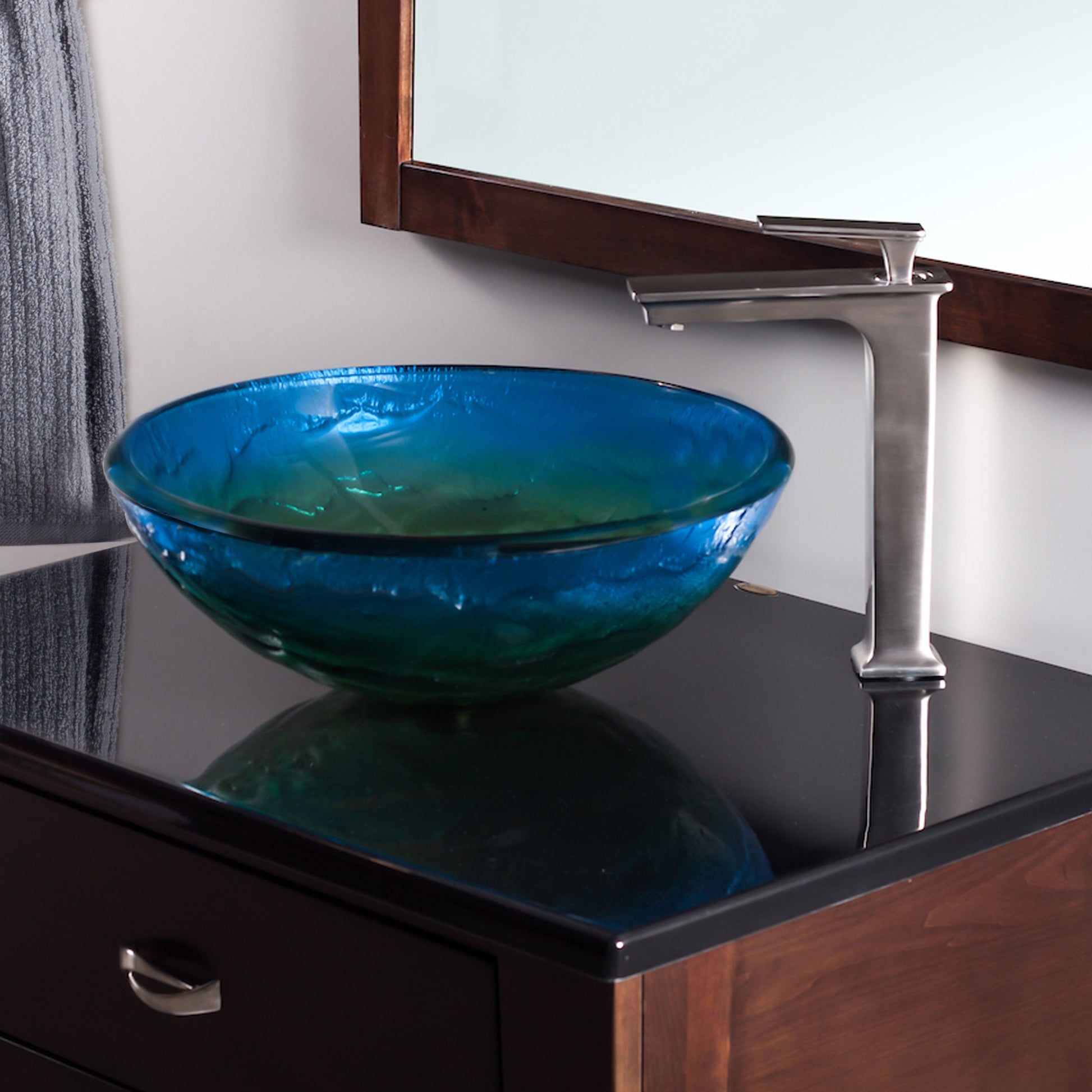 blue glass vessel bathroom sink with pop-up drain, brushed nickel