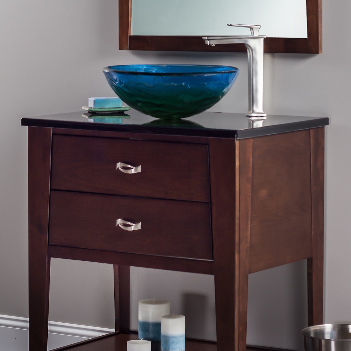 blue glass vessel bathroom sink with pop-up drain, brushed nickel