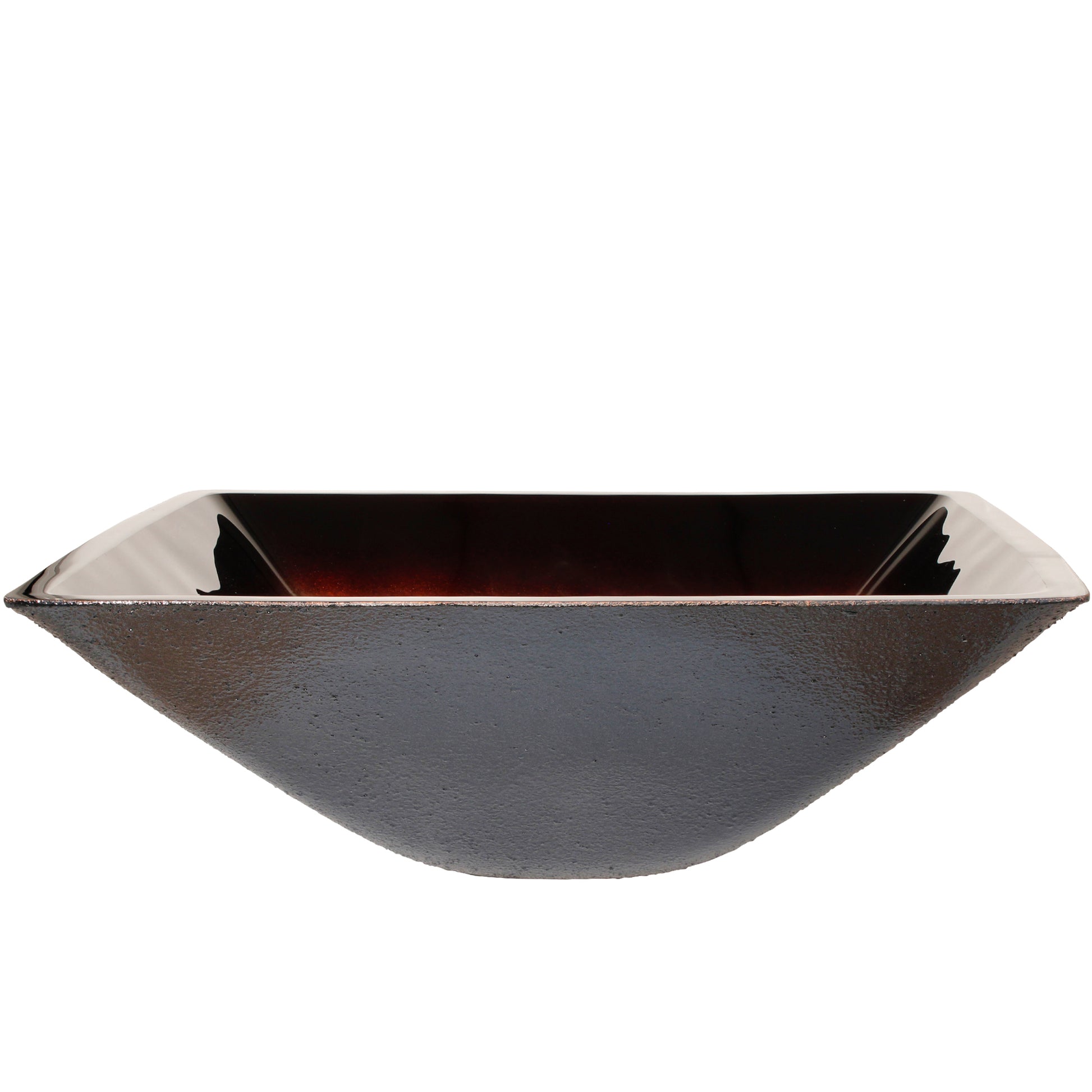 Modern Novatto copper and black square glass vessel bathroom sink shown from side view.