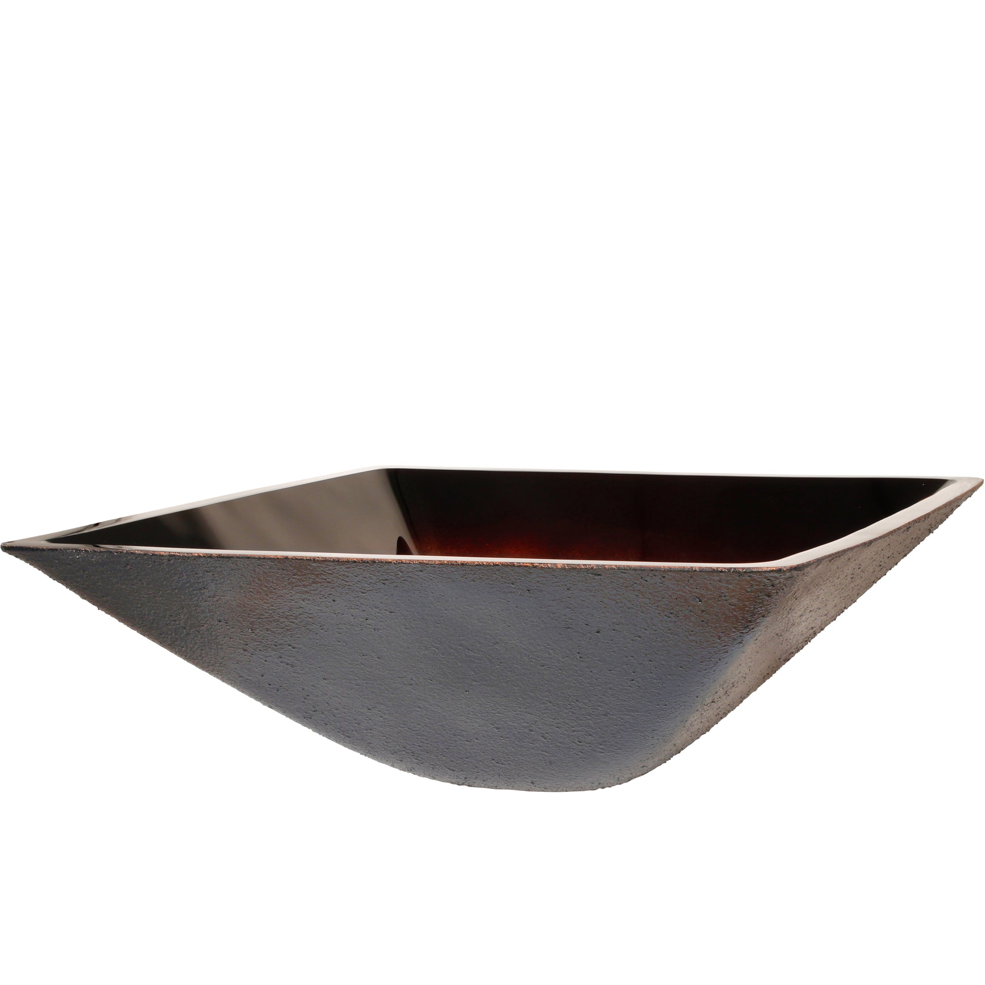 Modern copper and black square glass vessel bathroom sink by Novatto, shown in a three-quarter view.