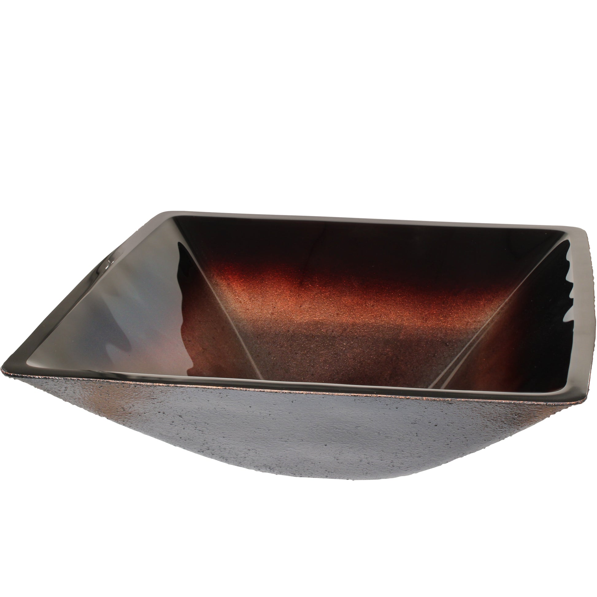 Modern copper and black square glass vessel bathroom sink by Novatto, shown from a three-quarter view.