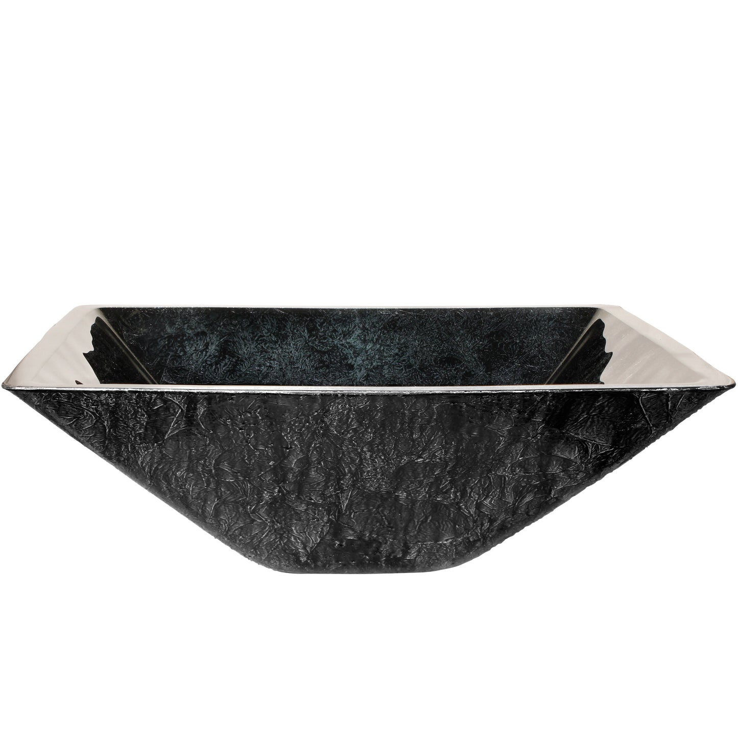 Modern black and silver square tempered glass bathroom vessel sink with hand foiled design by Novatto, side view.