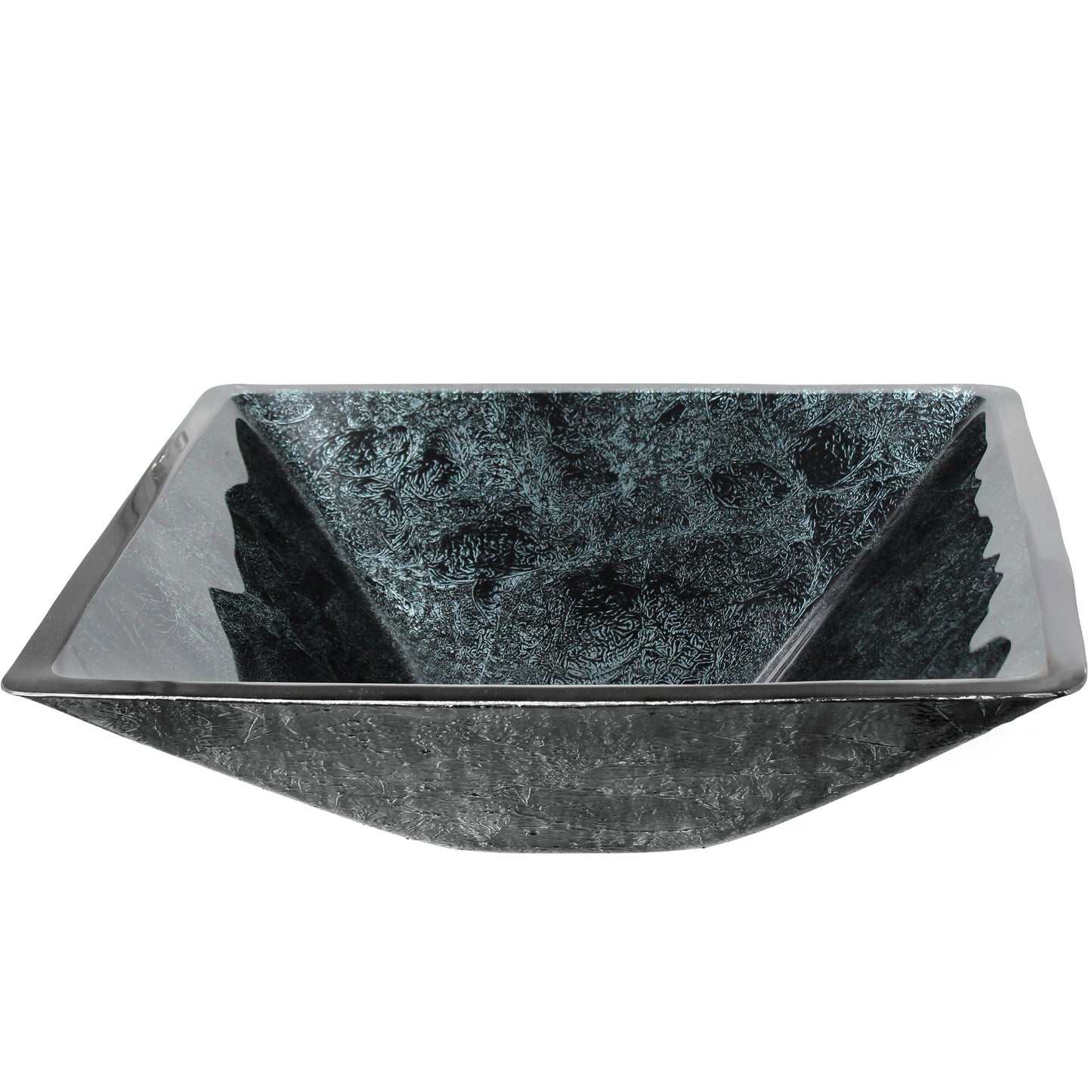 Modern black and silver hand foiled square tempered glass vessel bathroom sink by Novatto, side view showing sleek design.