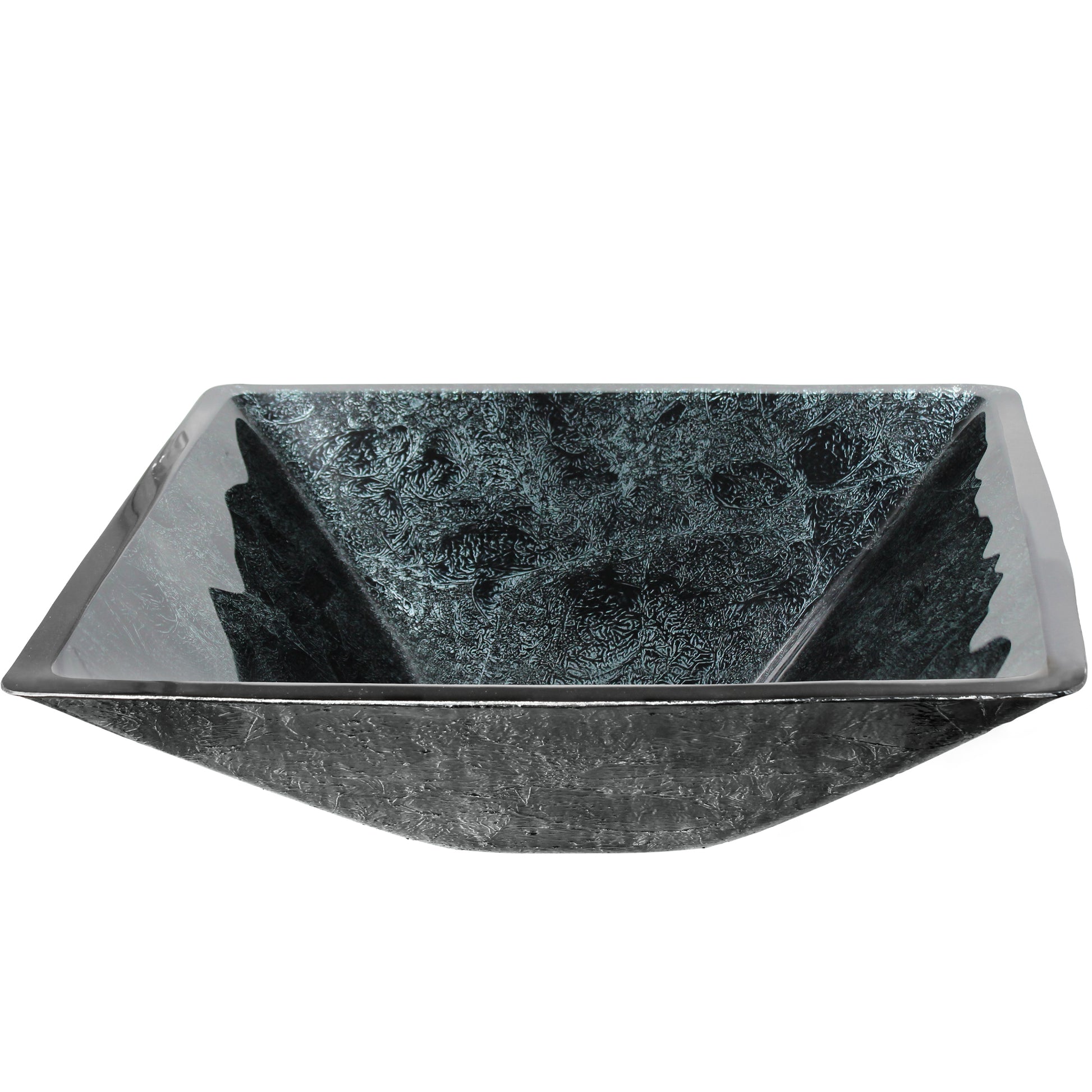 Modern black and silver hand foiled square tempered glass vessel bathroom sink by Novatto, side view showing sleek design.