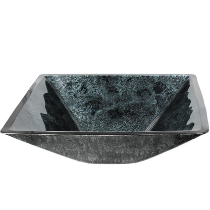 Modern black and silver hand foiled square tempered glass vessel bathroom sink by Novatto, side view showing sleek design.