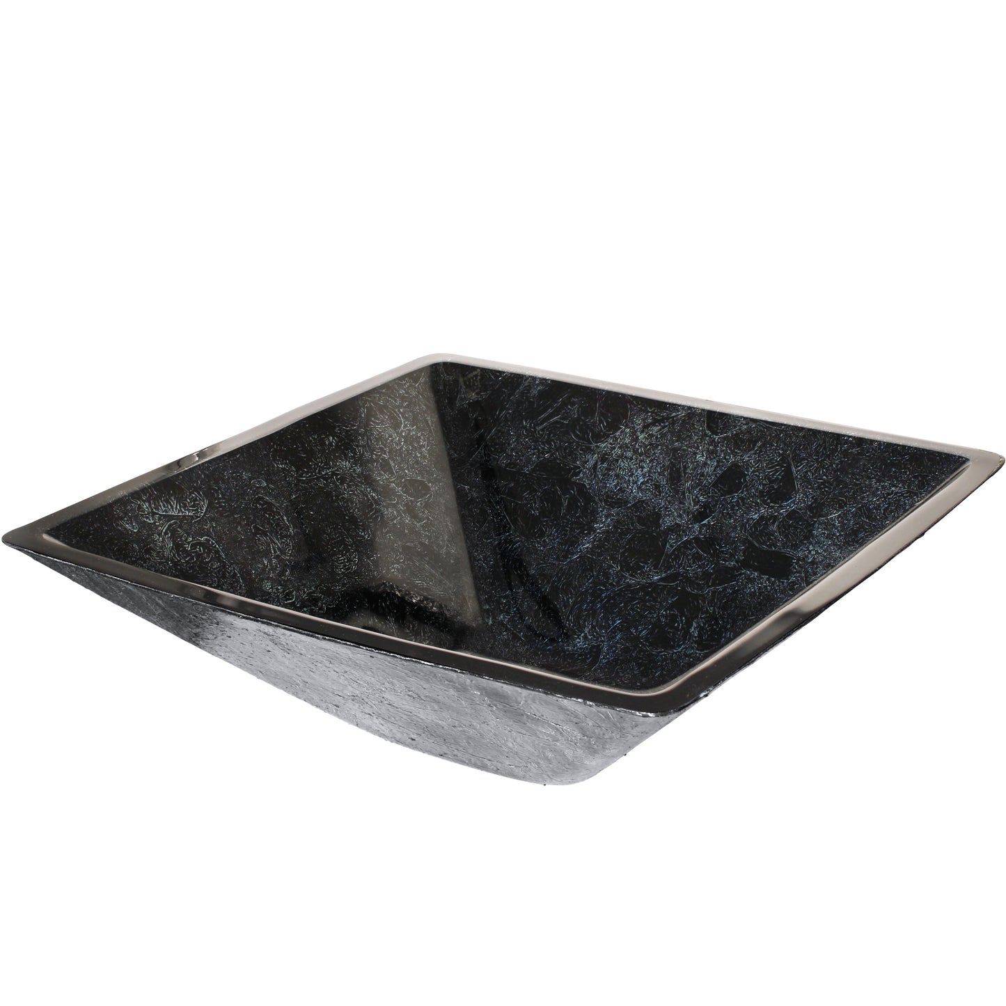 Modern black and silver foiled square tempered glass vessel bathroom sink by Novatto, three-quarter view showing sleek design details.