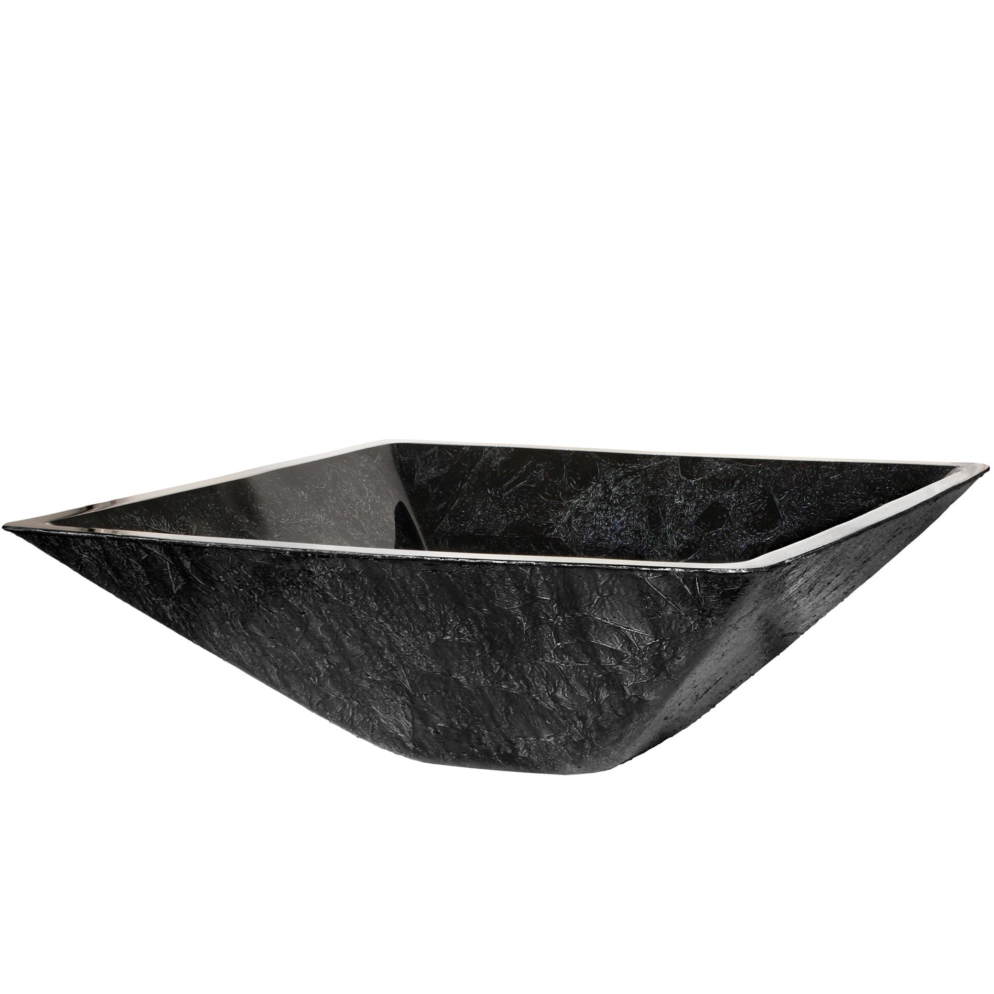 Modern black and silver hand foiled square tempered glass vessel bathroom sink by Novatto, shown from a three-quarter view.