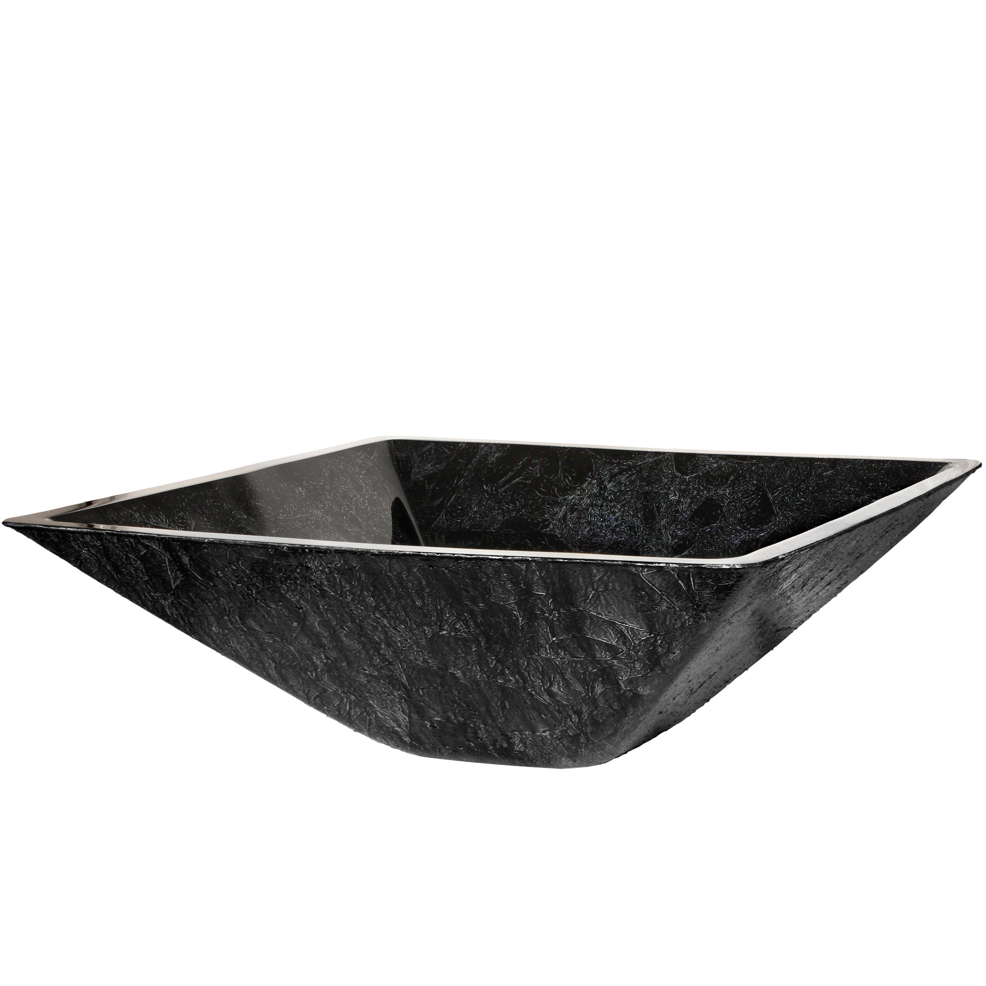 Modern black and silver hand foiled square tempered glass vessel bathroom sink by Novatto, shown from a three-quarter view.