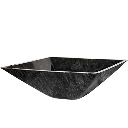 Modern black and silver hand foiled square tempered glass vessel bathroom sink by Novatto, shown from a three-quarter view.