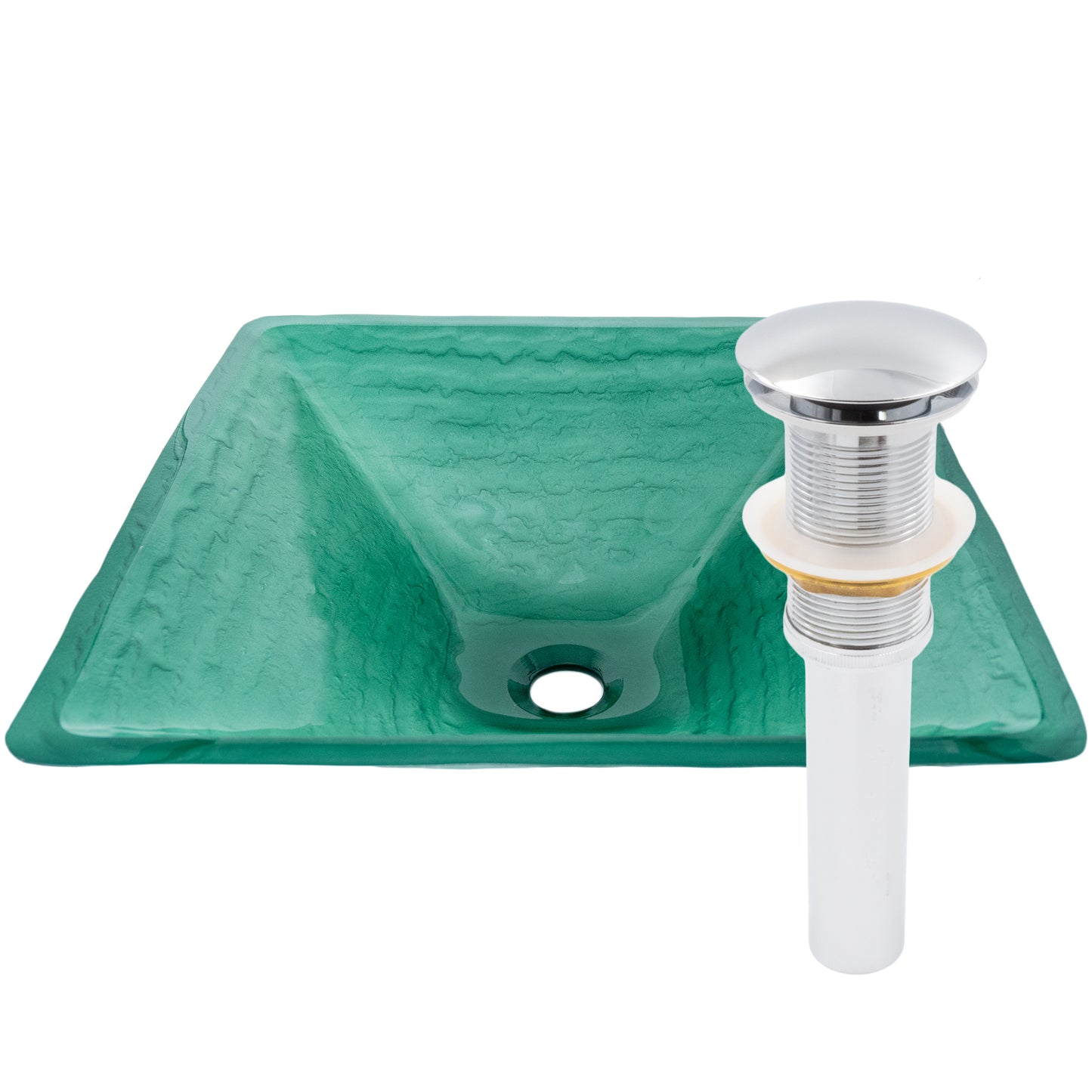 square glass vessel green sink with pop-up drain