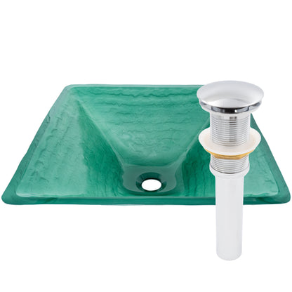 square glass vessel green sink with pop-up drain