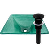 square glass vessel green sink with pop-up drain
