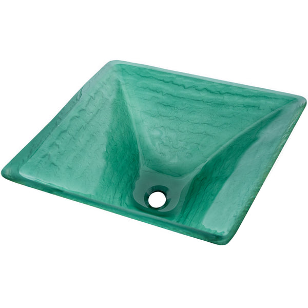 Green square tempered glass vessel bathroom sink by Novatto, featuring a sleek transitional design, shown from a three-quarter view.