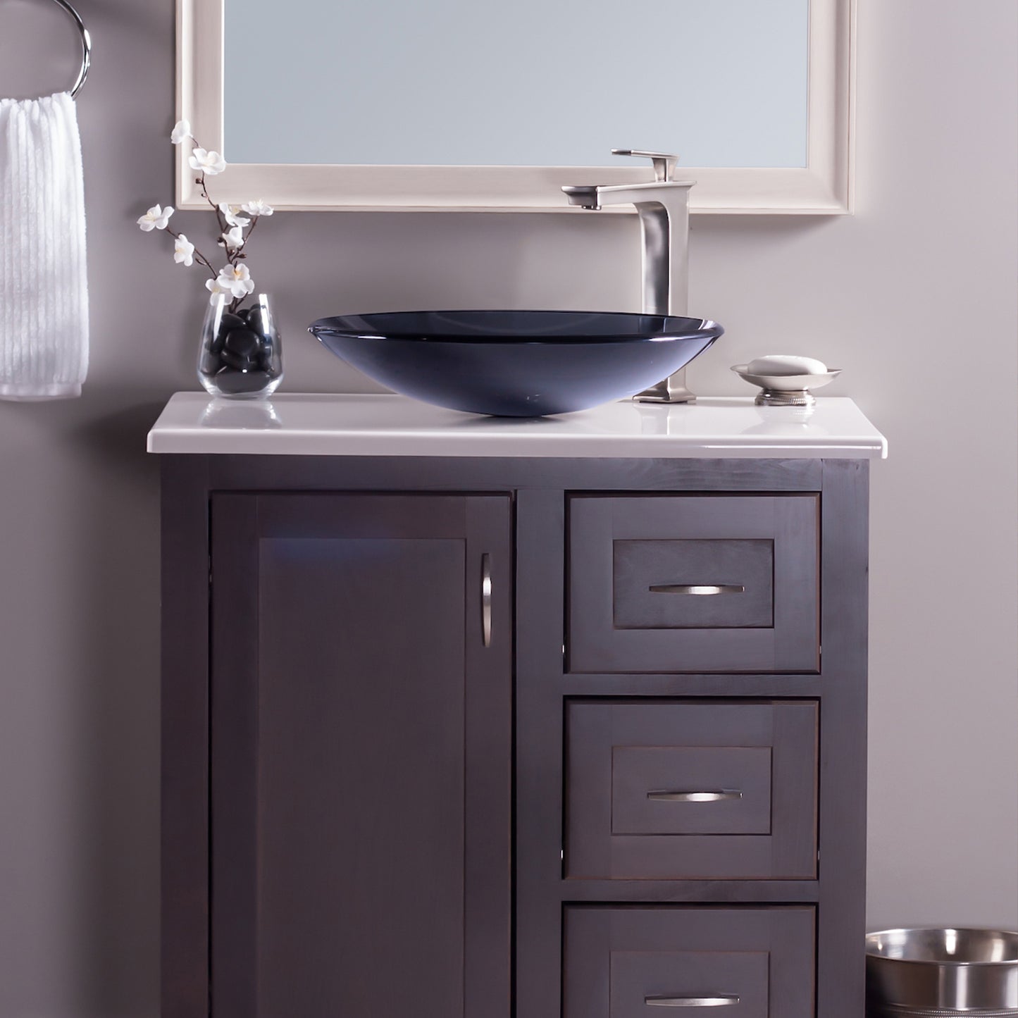 Clear Slate Grey Round Shallow Glass Vessel Bath Sink TIS-316G