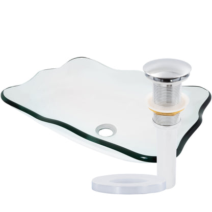 rectangular clear glass vessel sink with pop-up drain