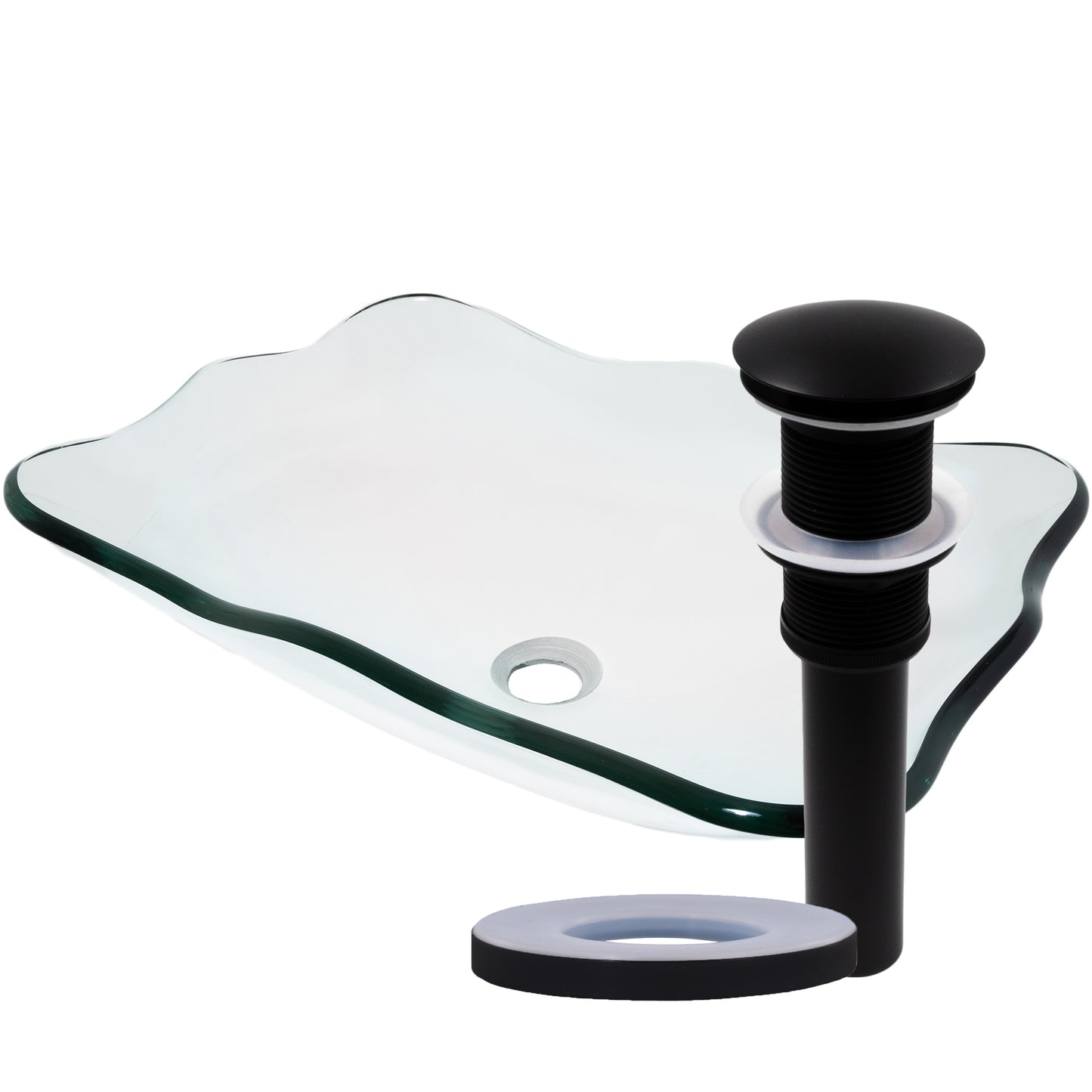 rectangular clear glass vessel sink with pop-up drain