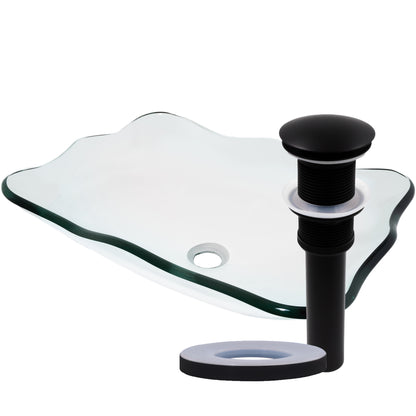 rectangular clear glass vessel sink with pop-up drain