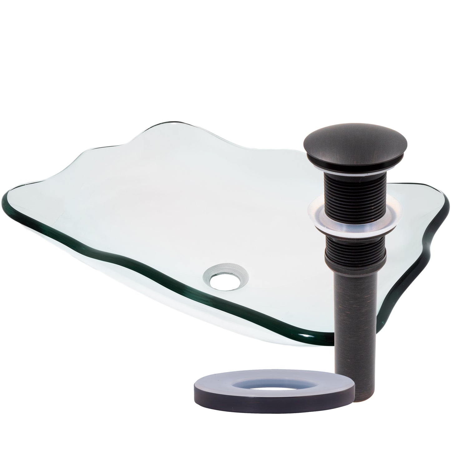 rectangular clear glass vessel sink with pop-up drain