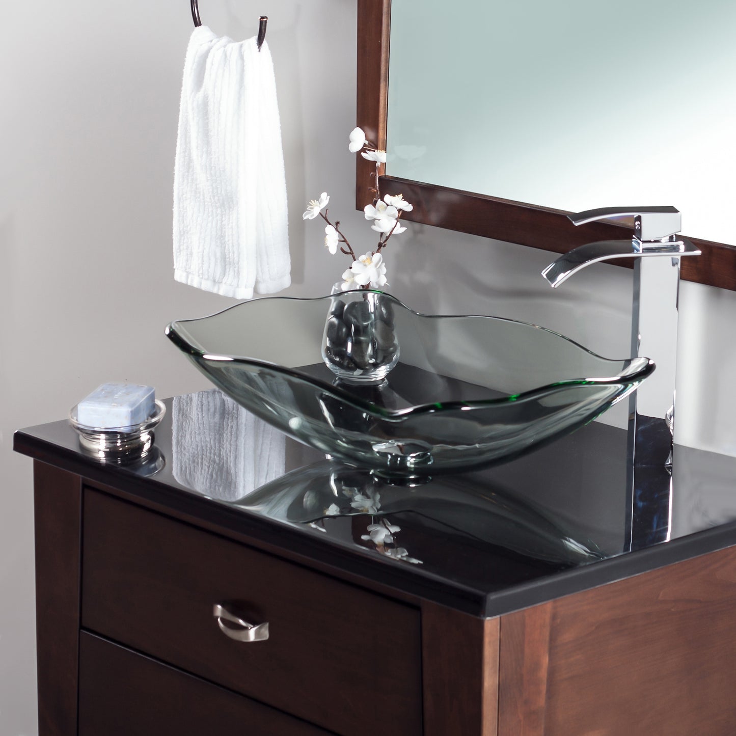 rectangular clear glass vessel sink