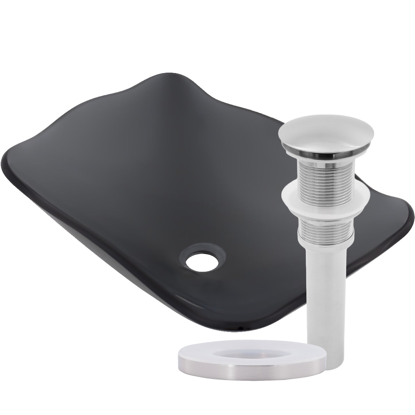 rectangular scalloped glass vessel sink with pop-up drain