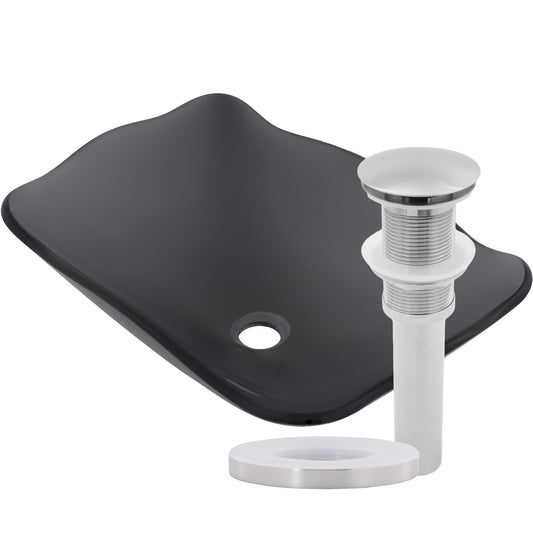 rectangular scalloped glass vessel sink with pop-up drain