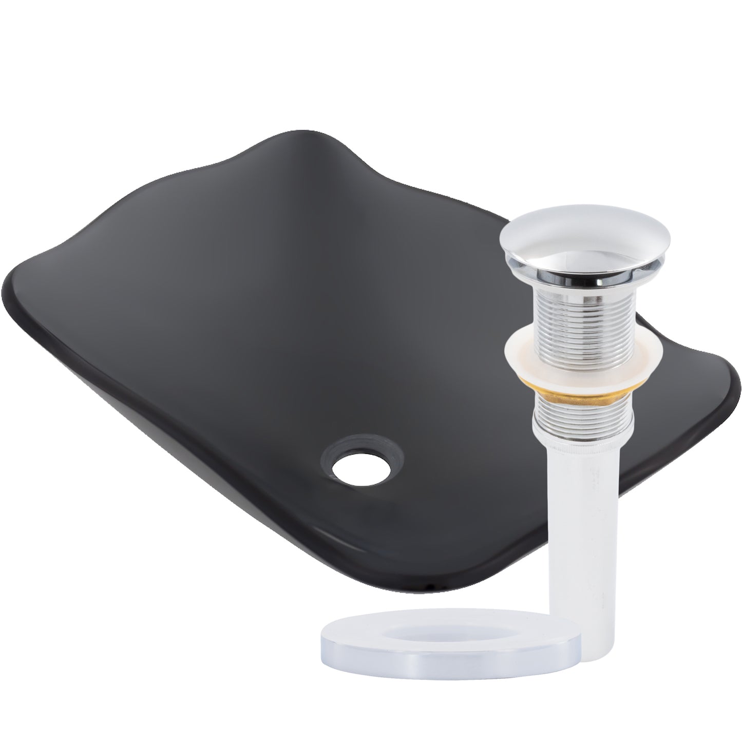 rectangular scalloped glass vessel sink with pop-up drain