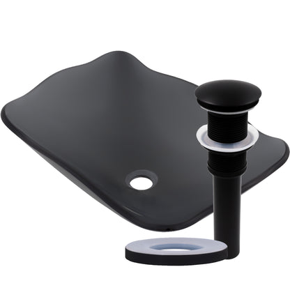 rectangular scalloped glass vessel sink with pop-up drain