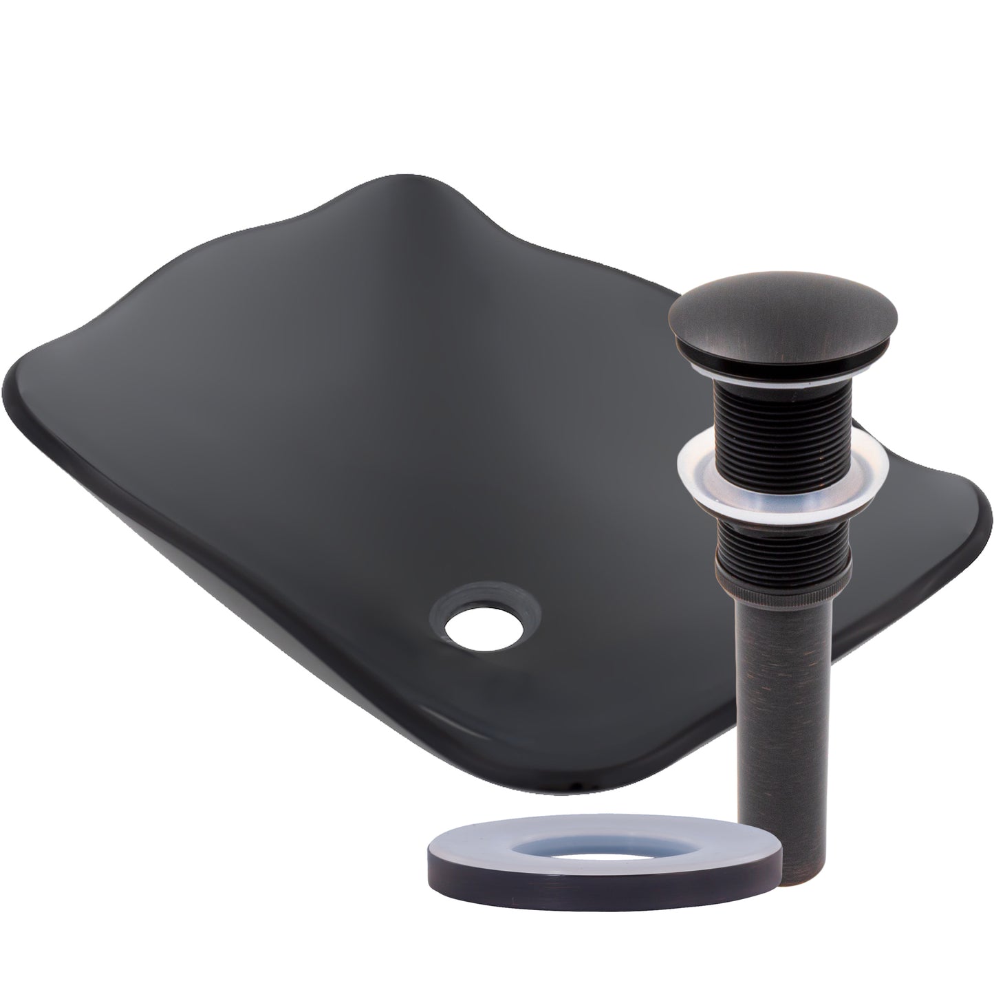 rectangular scalloped glass vessel sink with pop-up drain