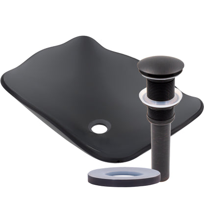 rectangular scalloped glass vessel sink with pop-up drain