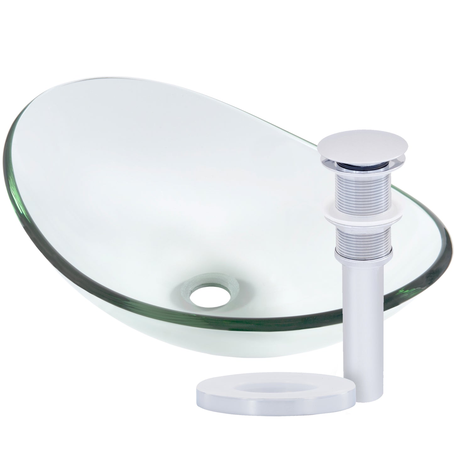 Clear oval tempered glass vessel sink by Novatto, modern bathroom sink with smooth, transparent design and polished edges.