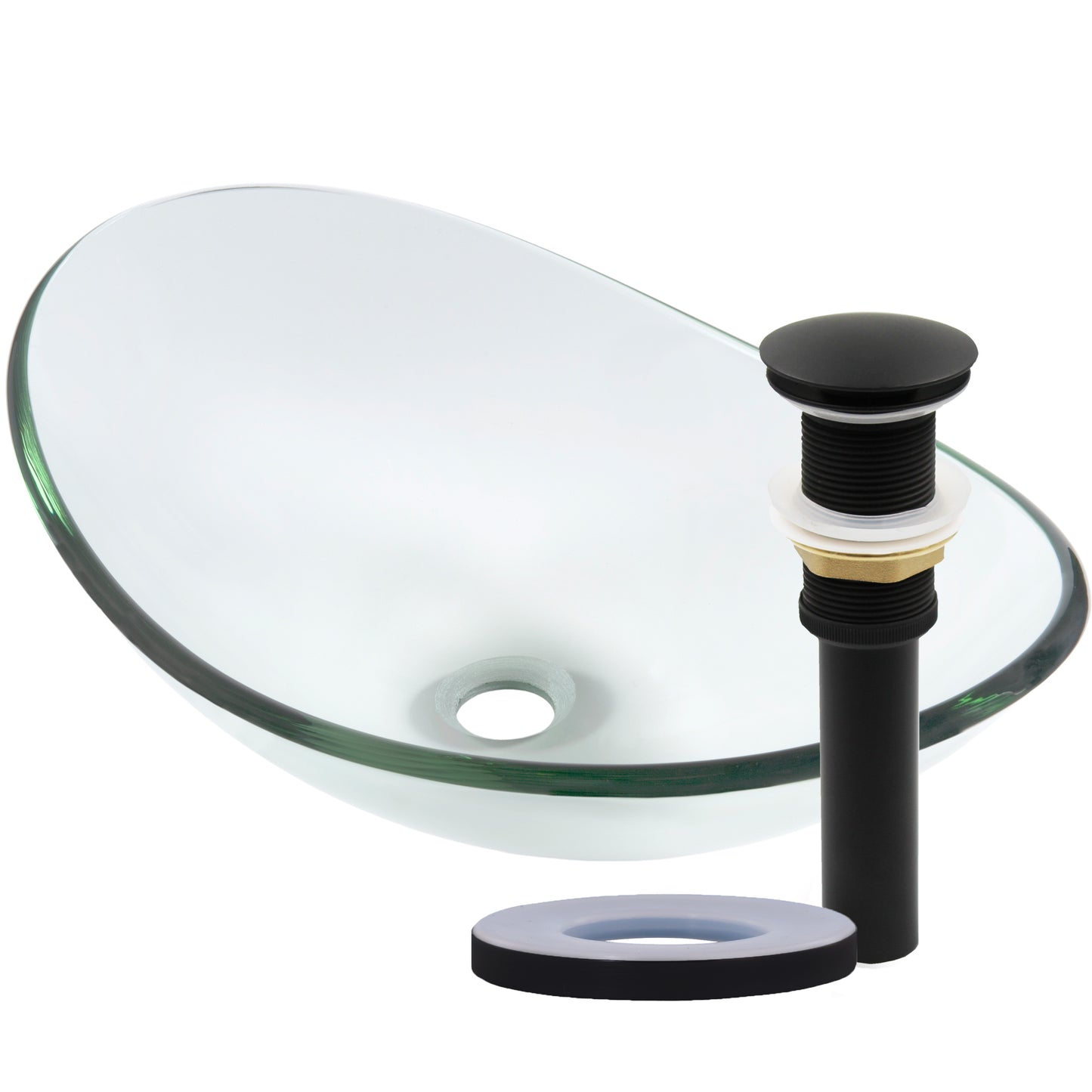 Clear oval tempered glass vessel sink by Novatto, modern bathroom basin with sleek design and smooth oval shape.