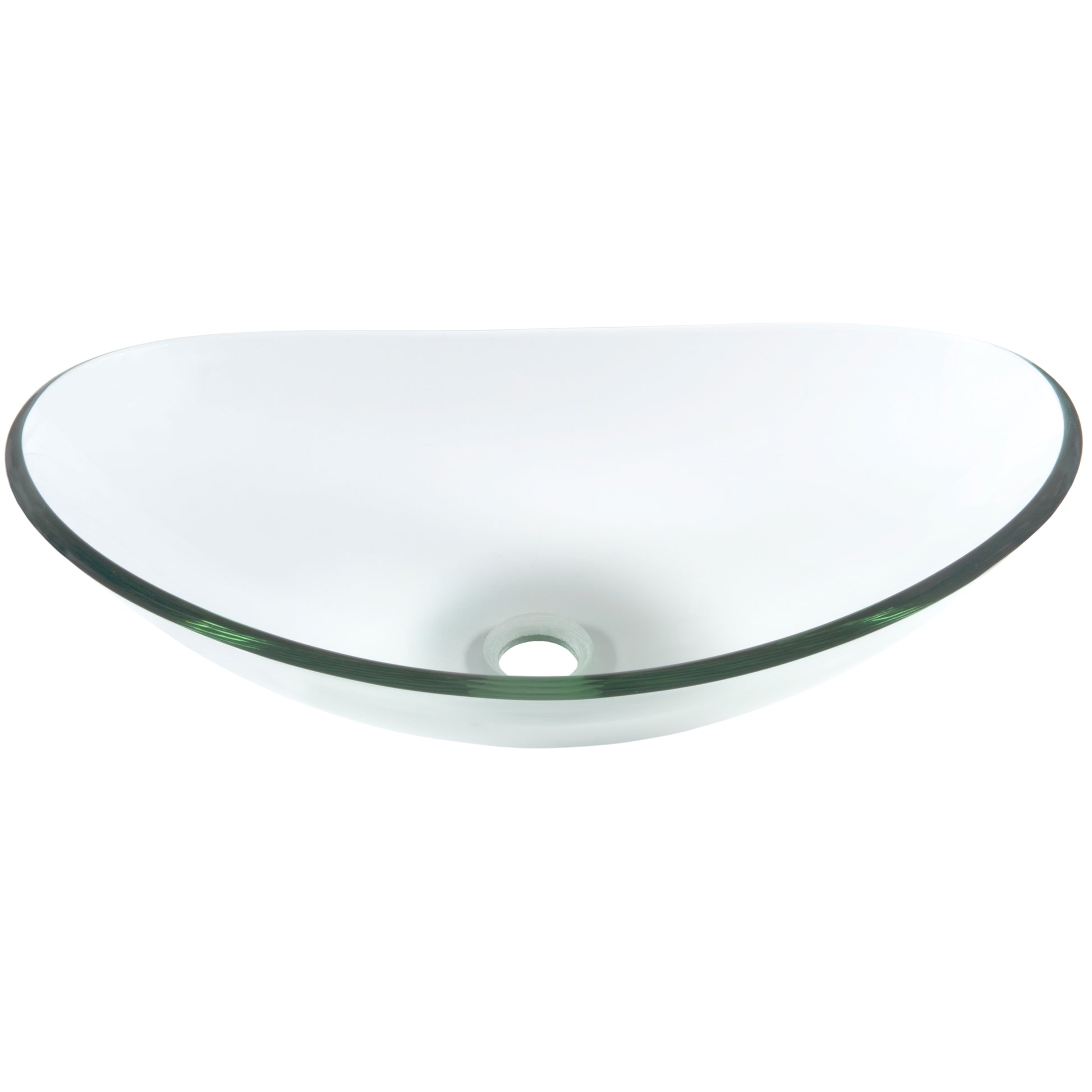 Clear oval tempered glass vessel sink by Novatto, modern bathroom design with sleek transparent oval shape and smooth surface.