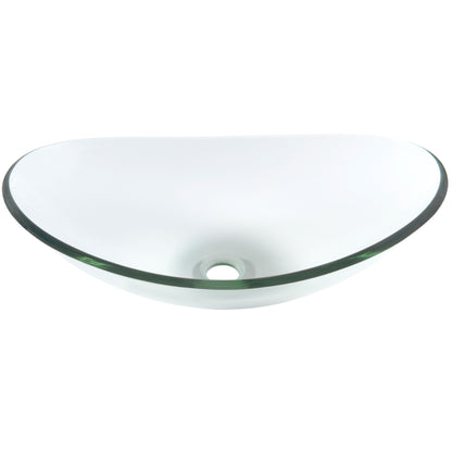Clear oval tempered glass vessel sink by Novatto, modern bathroom design with sleek transparent oval shape and smooth surface.