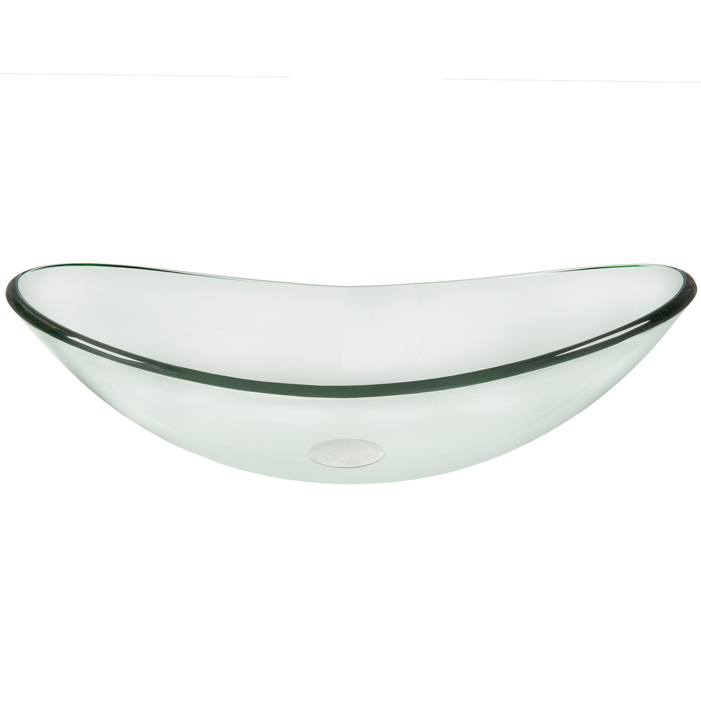 Modern oval clear tempered glass vessel bathroom sink by Novatto, shown in side view with sleek, smooth design.
