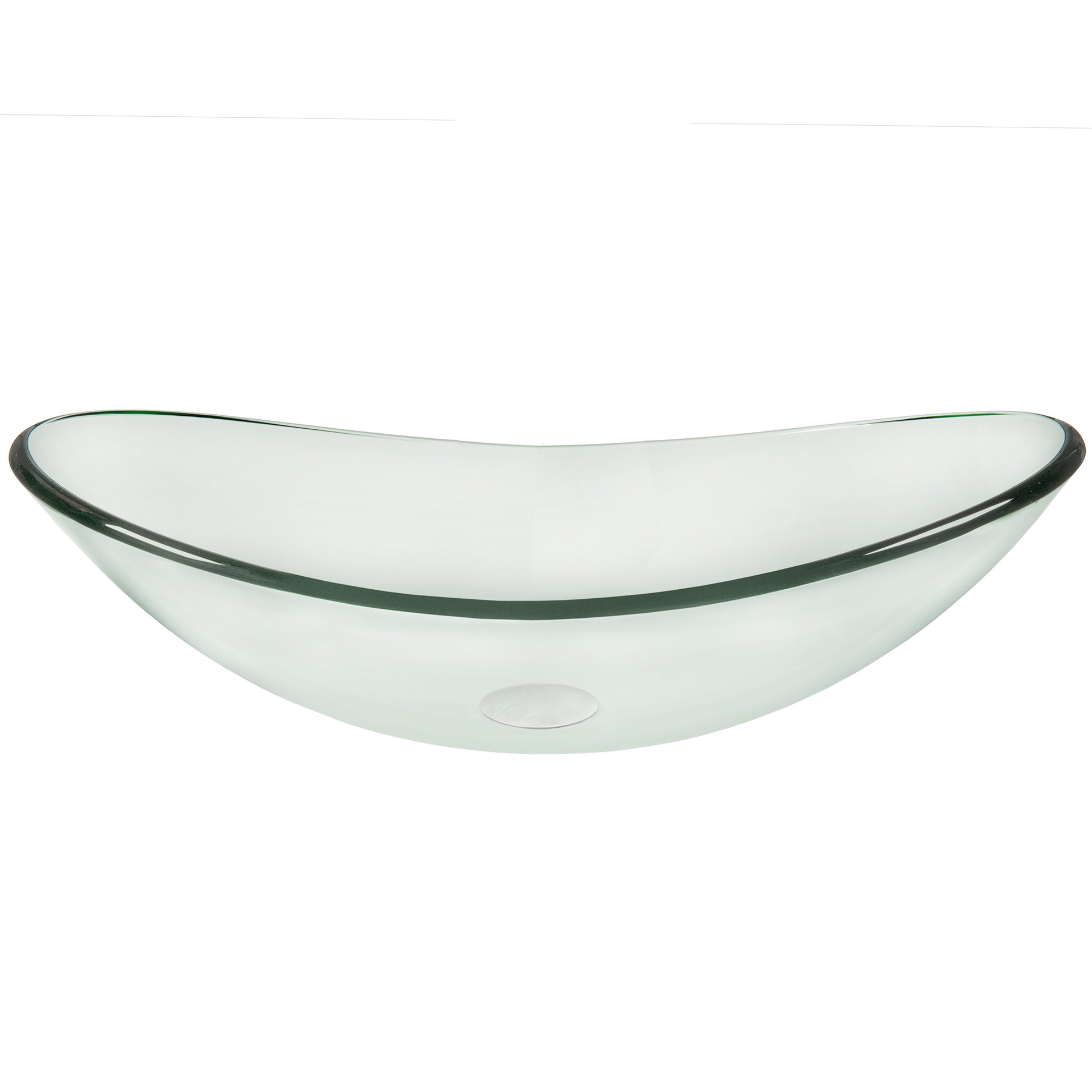 Modern oval clear tempered glass vessel bathroom sink by Novatto, shown in side view with sleek, smooth design.