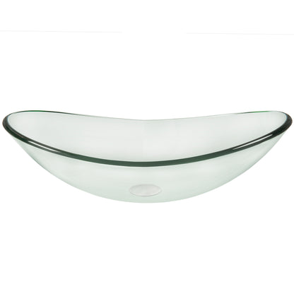 Modern oval clear tempered glass vessel bathroom sink by Novatto, shown in side view with sleek, smooth design.