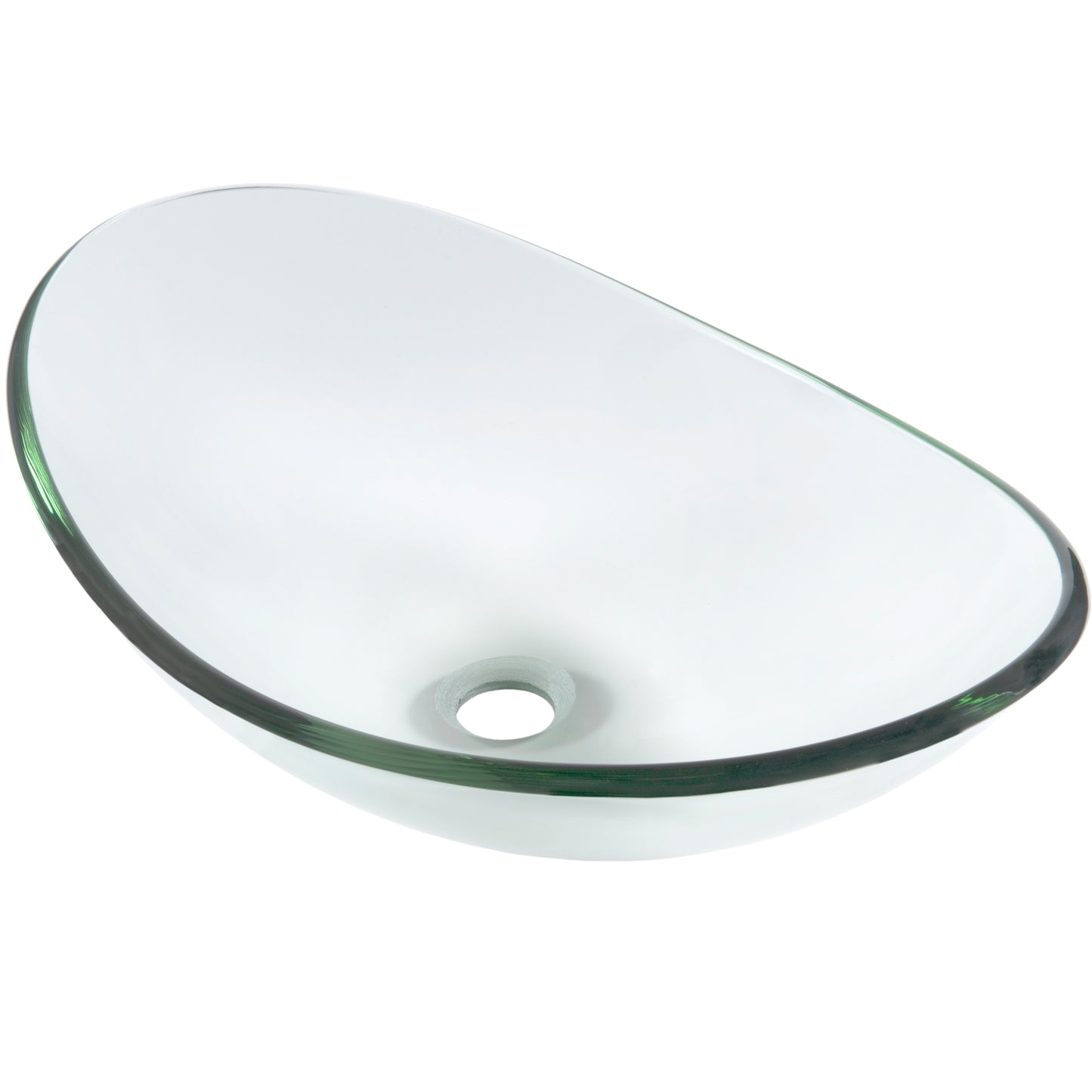 Clear oval tempered glass vessel bathroom sink by Novatto, modern design with a three-quarter view.