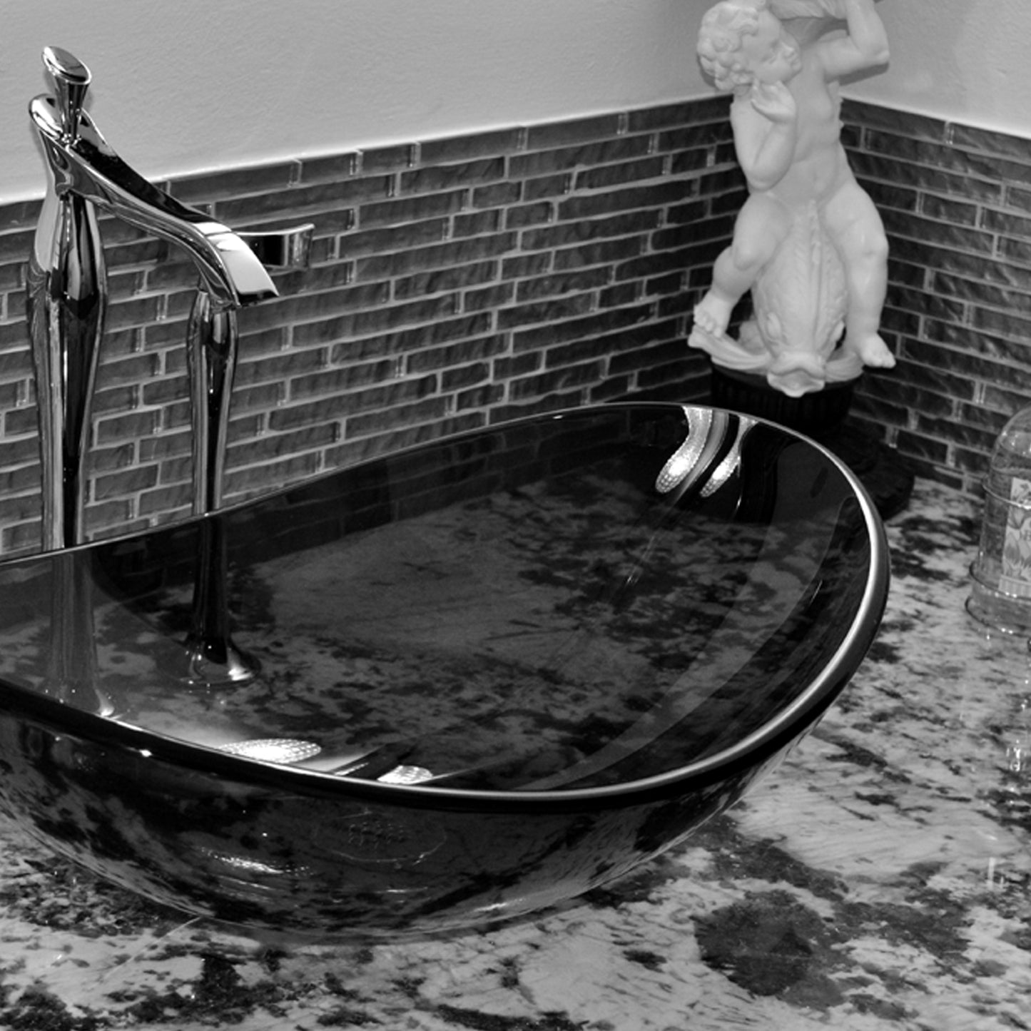 Clear Slate Grey Oval Slipper Tempered Glass Vessel Sink TIS-324G