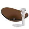 brown oval glass sink with drain in brushed nickel