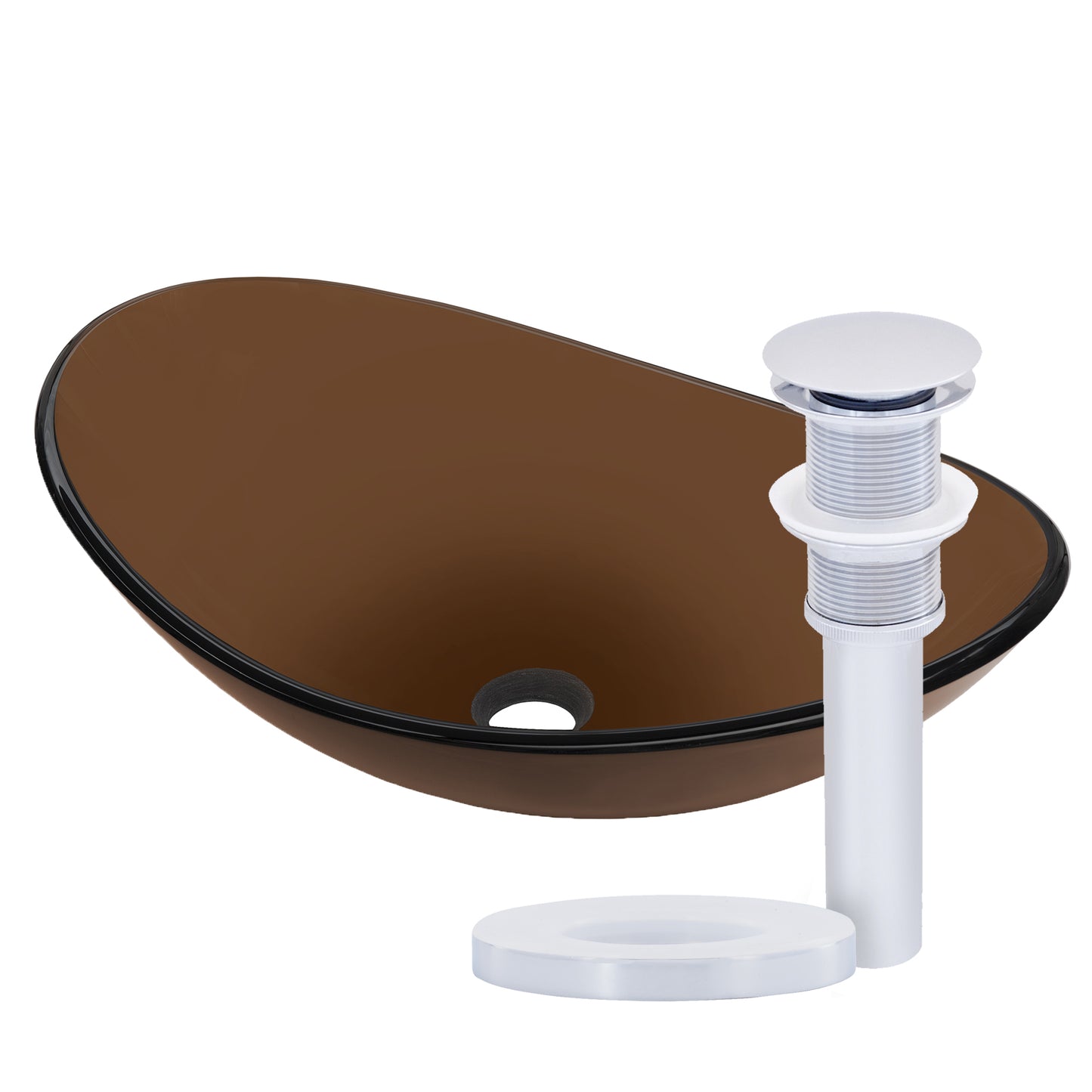 brown oval glass sink with drain in chrome