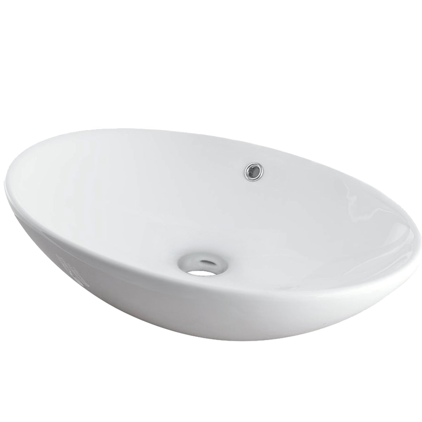 Traditional white porcelain vessel sink with overflow, Novatto NP-256300, shown from a three-quarter view in a contemporary bathroom setting.