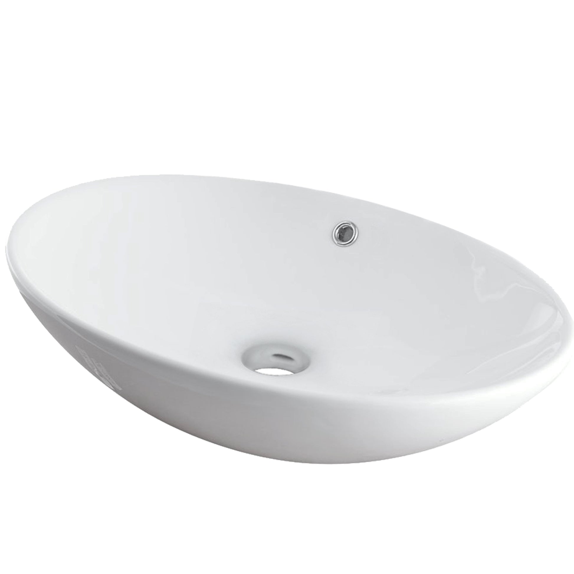 Traditional white porcelain vessel sink with overflow, Novatto NP-256300, shown from a three-quarter view in a contemporary bathroom setting.