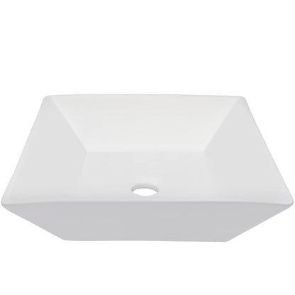 White porcelain square vessel bathroom sink by Novatto, traditional design with front view showcasing smooth, modern surface.