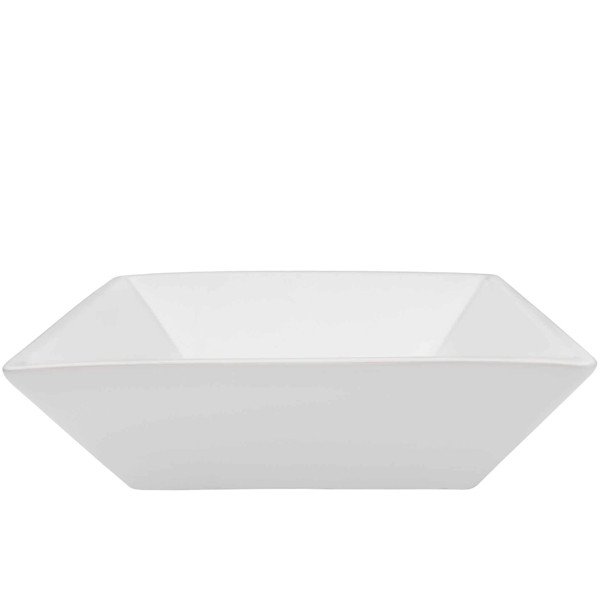 Side view of Novatto white porcelain square vessel bathroom sink, traditional style, with smooth edges and sleek design.