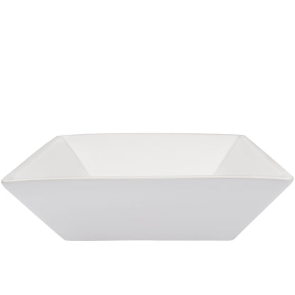 Side view of Novatto white porcelain square vessel bathroom sink, traditional style, with smooth edges and sleek design.
