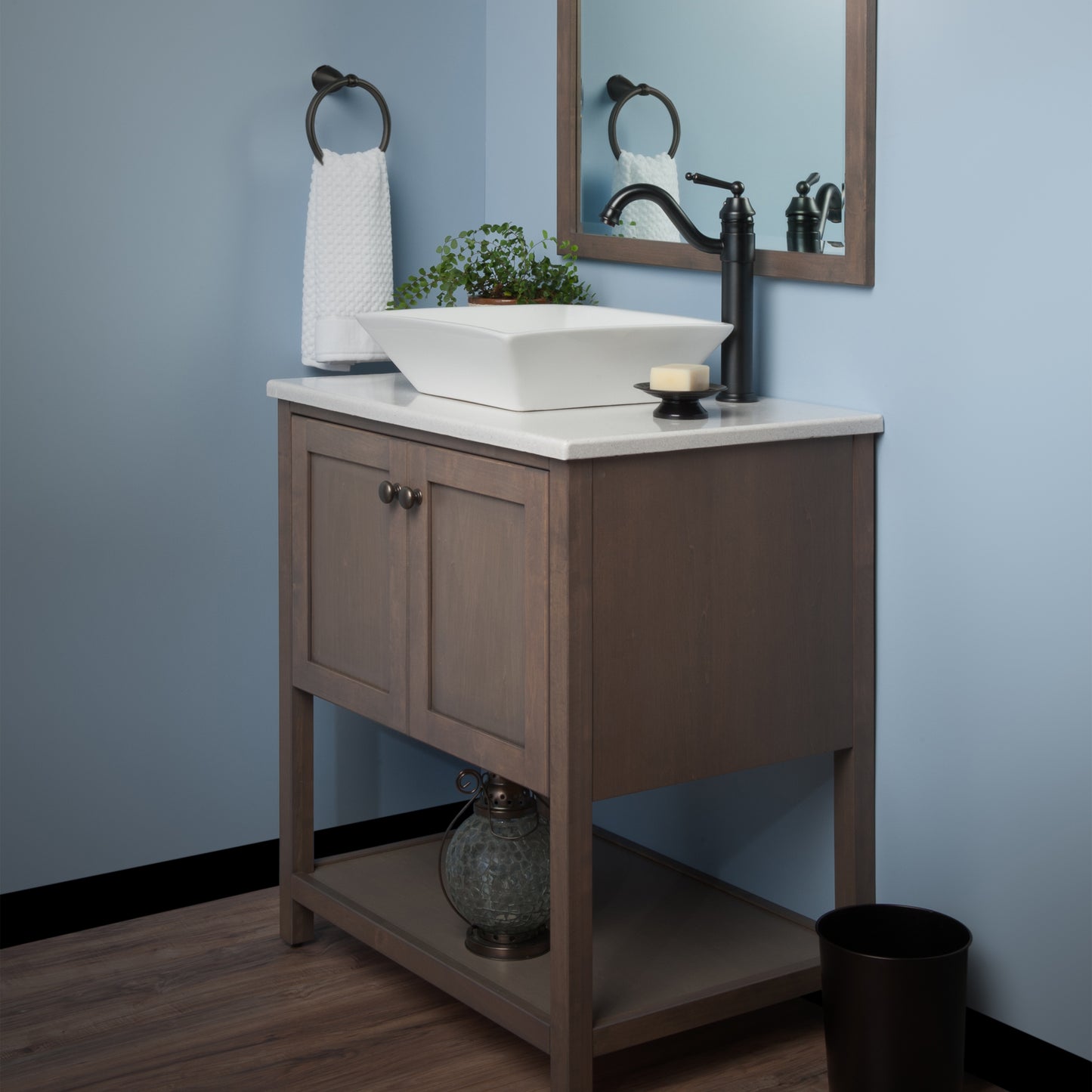 White porcelain square vessel bathroom sink by Novatto, traditional style with bronze faucet, suitable for modern bathroom decor.