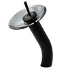 waterfall glass vessel faucet in matte black with smoke disc